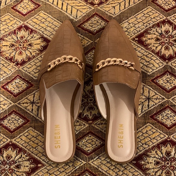SHEIN Shoes - SHEIN Brown and Gold Mules with Chain Detail